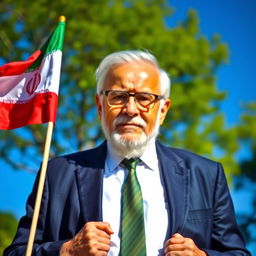 A 70-year-old man wearing a suit, standing proudly with an Iranian flag in his hand