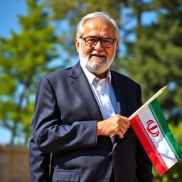 A 70-year-old man wearing a suit, standing proudly with an Iranian flag in his hand