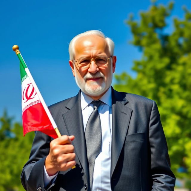 A 70-year-old man wearing a suit, standing proudly with an Iranian flag in his hand