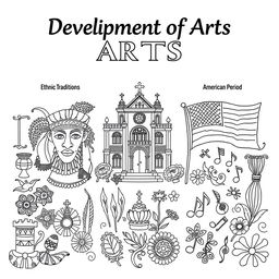 A detailed coloring page depicting the 'Development of Arts' over three distinct periods: the Ethnic Traditions, Spanish Period, and American Period