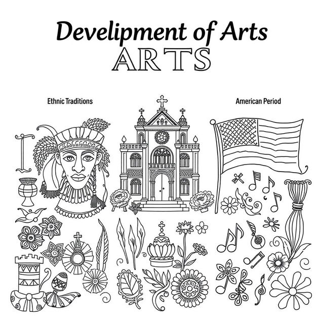 A detailed coloring page depicting the 'Development of Arts' over three distinct periods: the Ethnic Traditions, Spanish Period, and American Period