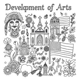 A detailed coloring page depicting the 'Development of Arts' over three distinct periods: the Ethnic Traditions, Spanish Period, and American Period