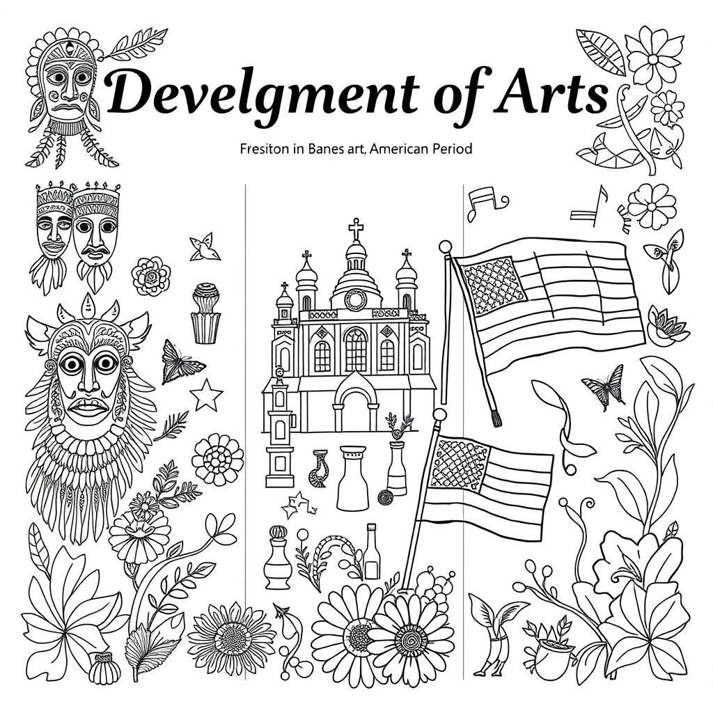 A detailed coloring page depicting the 'Development of Arts' over three distinct periods: the Ethnic Traditions, Spanish Period, and American Period