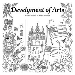 A detailed coloring page depicting the 'Development of Arts' over three distinct periods: the Ethnic Traditions, Spanish Period, and American Period