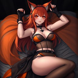 A realistic sexy gothic anime Kitsune girl with a flustered expression and a soft blush on her cheeks, characterized by her long orange hair that flows down to her lower back