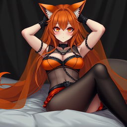 A realistic sexy gothic anime Kitsune girl with a flustered expression and a soft blush on her cheeks, characterized by her long orange hair that flows down to her lower back