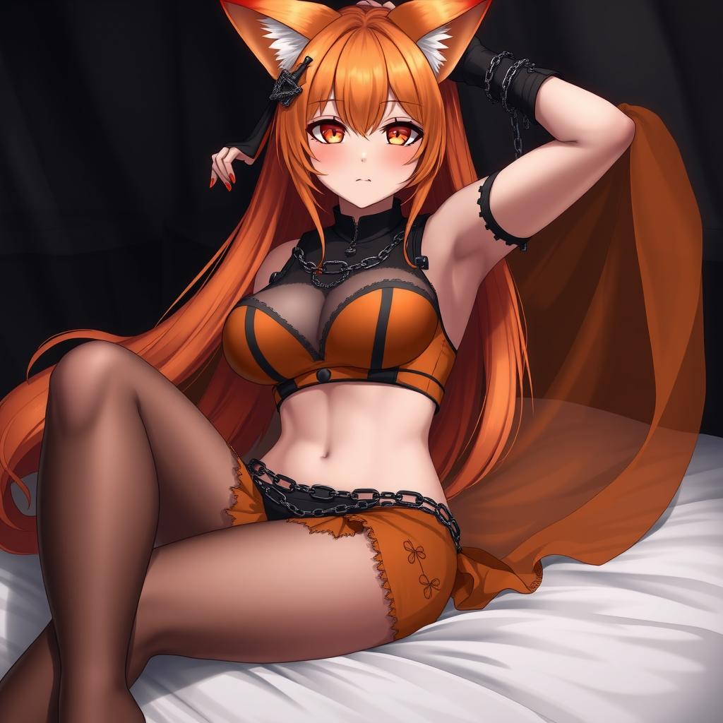 A realistic sexy gothic anime Kitsune girl with a flustered expression and a soft blush on her cheeks, characterized by her long orange hair that flows down to her lower back