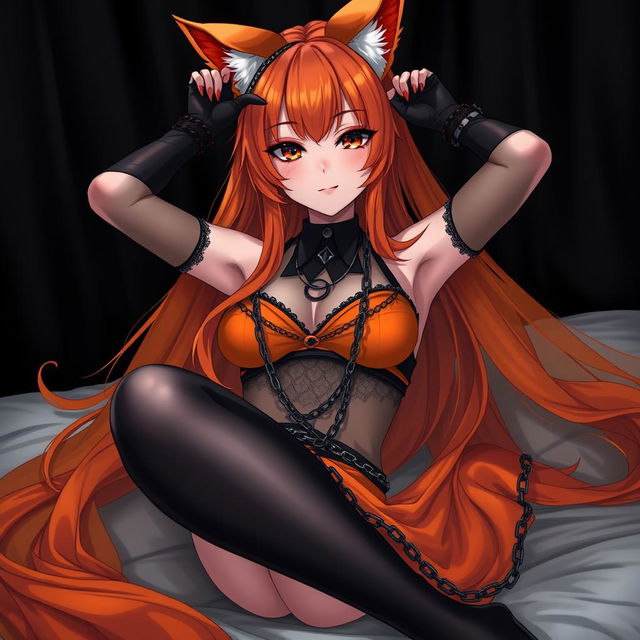 A realistic sexy gothic anime Kitsune girl with a flustered expression and a soft blush on her cheeks, characterized by her long orange hair that flows down to her lower back