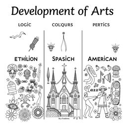 A coloring book style illustration representing the 'Development of Arts' during three key periods: Ethnic Traditions, Spanish Period, and American Period