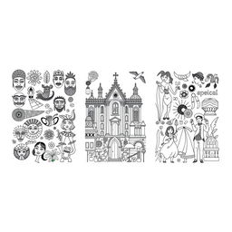 A coloring book style illustration representing the 'Development of Arts' during three key periods: Ethnic Traditions, Spanish Period, and American Period