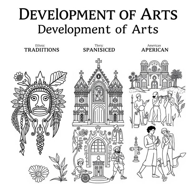 A coloring book style illustration representing the 'Development of Arts' during three key periods: Ethnic Traditions, Spanish Period, and American Period
