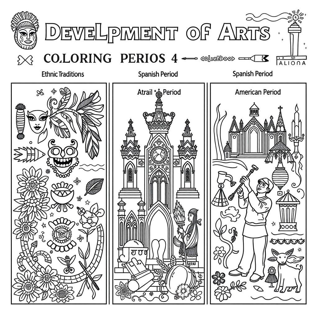 A coloring book style illustration representing the 'Development of Arts' during three key periods: Ethnic Traditions, Spanish Period, and American Period