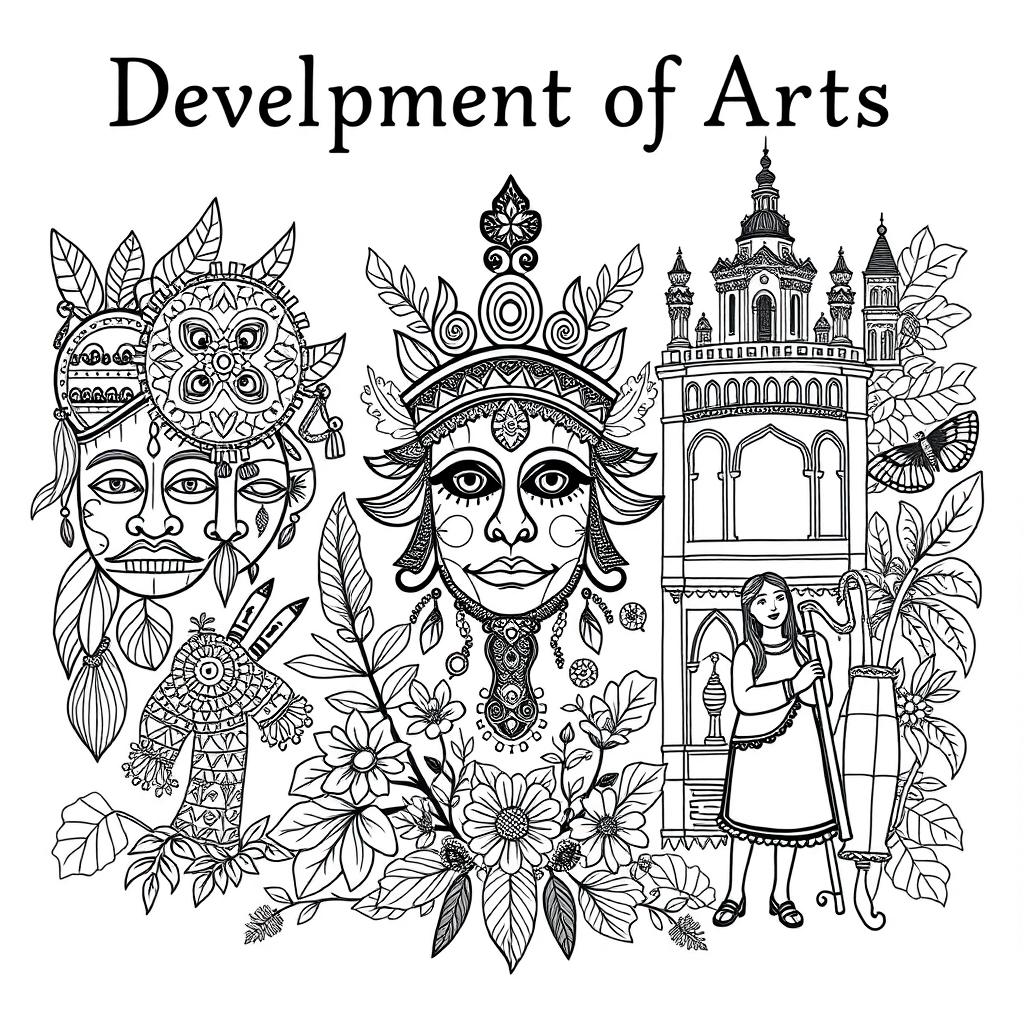 A captivating coloring book illustration representing the 'Development of Arts' through three historical periods: Ethnic Traditions, Spanish Period, and American Period