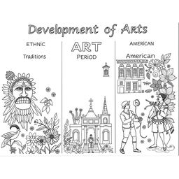 A captivating coloring book illustration representing the 'Development of Arts' through three historical periods: Ethnic Traditions, Spanish Period, and American Period