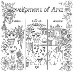 A captivating coloring book illustration representing the 'Development of Arts' through three historical periods: Ethnic Traditions, Spanish Period, and American Period