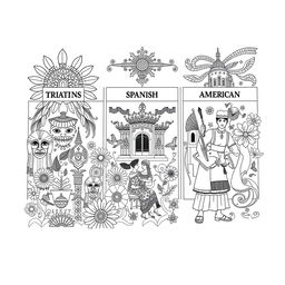 A captivating coloring book illustration representing the 'Development of Arts' through three historical periods: Ethnic Traditions, Spanish Period, and American Period