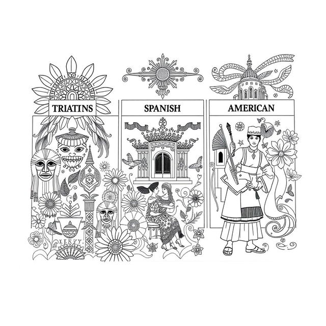 A captivating coloring book illustration representing the 'Development of Arts' through three historical periods: Ethnic Traditions, Spanish Period, and American Period