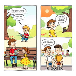 A two-page comic strip featuring a boy and a girl having a light-hearted conversation