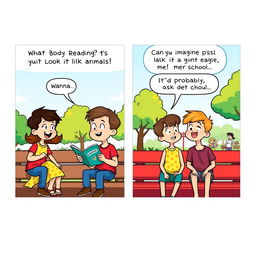 A two-page comic strip featuring a boy and a girl having a light-hearted conversation