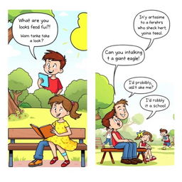 A two-page comic strip featuring a boy and a girl having a light-hearted conversation