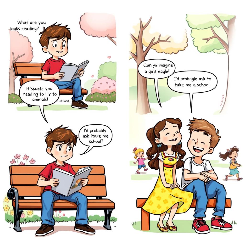 A two-page comic strip featuring a boy and a girl having a light-hearted conversation