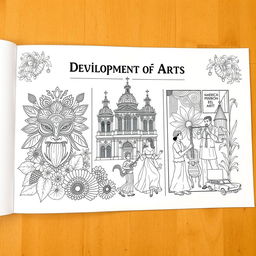 A detailed coloring book illustration on landscape-oriented long bond paper, depicting the 'Development of Arts' through three significant periods: Ethnic Traditions, Spanish Period, and American Period