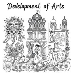 A detailed coloring book illustration on landscape-oriented long bond paper, depicting the 'Development of Arts' through three significant periods: Ethnic Traditions, Spanish Period, and American Period