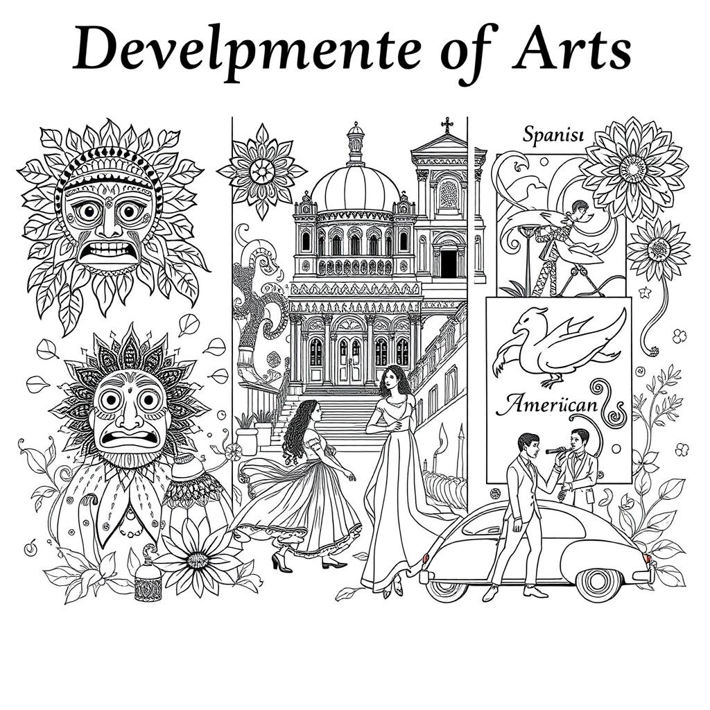 A detailed coloring book illustration on landscape-oriented long bond paper, depicting the 'Development of Arts' through three significant periods: Ethnic Traditions, Spanish Period, and American Period