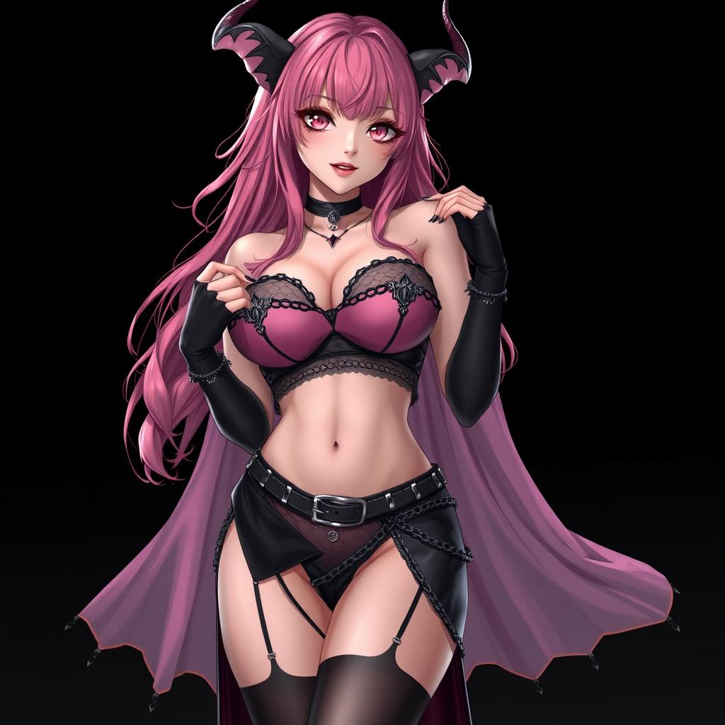 A realistic sexy gothic anime succubus girl with a flustered yet subtle smile and a delicate blush on her cheeks, featuring long pink hair that cascades down to her lower back