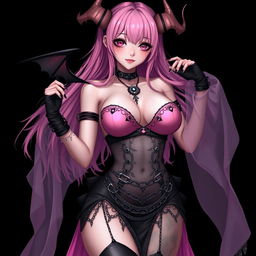 A realistic sexy gothic anime succubus girl with a flustered yet subtle smile and a delicate blush on her cheeks, featuring long pink hair that cascades down to her lower back