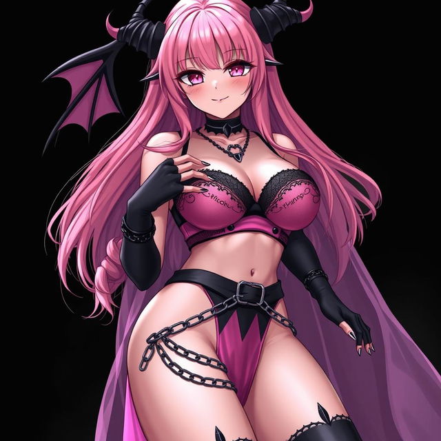 A realistic sexy gothic anime succubus girl with a flustered yet subtle smile and a delicate blush on her cheeks, featuring long pink hair that cascades down to her lower back