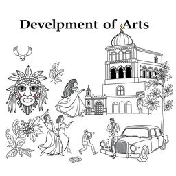 A detailed coloring book illustration showcasing the 'Development of Arts' across three important periods: Ethnic Traditions, Spanish Period, and American Period