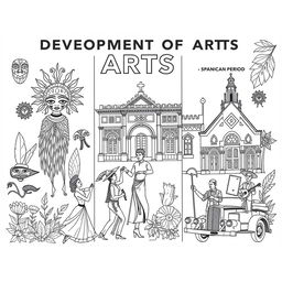 A detailed coloring book illustration showcasing the 'Development of Arts' across three important periods: Ethnic Traditions, Spanish Period, and American Period