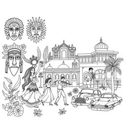 A detailed coloring book illustration showcasing the 'Development of Arts' across three important periods: Ethnic Traditions, Spanish Period, and American Period