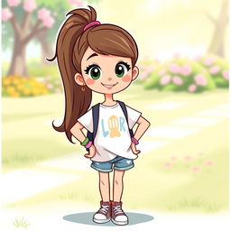 A simple and cute character design of a girl, featuring a youthful appearance with long, straight hair tied in a high ponytail