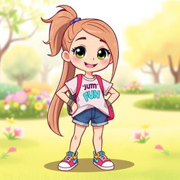 A simple and cute character design of a girl, featuring a youthful appearance with long, straight hair tied in a high ponytail