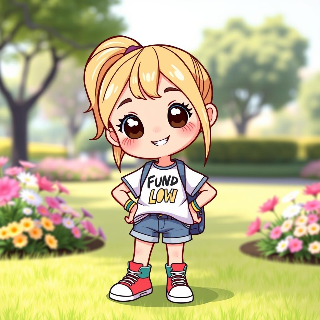 A simple and cute character design of a girl, featuring a youthful appearance with long, straight hair tied in a high ponytail
