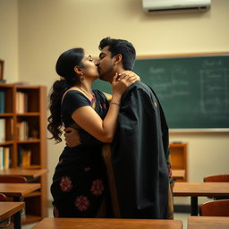 A romantic scene in a classroom where a female teacher is passionately kissing her male student