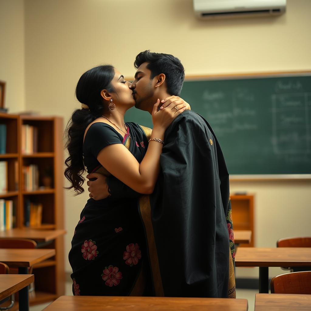 A romantic scene in a classroom where a female teacher is passionately kissing her male student