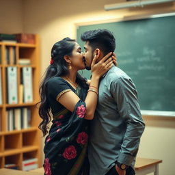 A romantic scene in a classroom where a female teacher is passionately kissing her male student