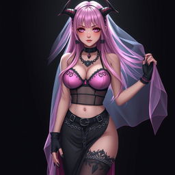 A realistic sexy gothic anime succubus girl with a flustered subtle smile and a gentle blush on her cheeks, featuring long pink hair that flows down to her lower back