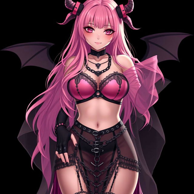 A realistic sexy gothic anime succubus girl with a flustered subtle smile and a gentle blush on her cheeks, featuring long pink hair that flows down to her lower back