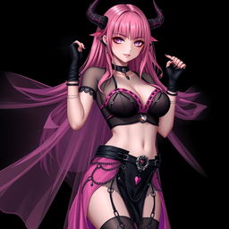 A realistic sexy gothic anime succubus girl with a flustered subtle smile and a gentle blush on her cheeks, featuring long pink hair that flows down to her lower back