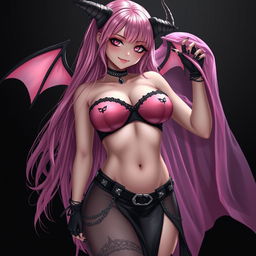 A realistic sexy gothic anime succubus girl with a flustered subtle smile and a gentle blush on her cheeks, featuring long pink hair that flows down to her lower back
