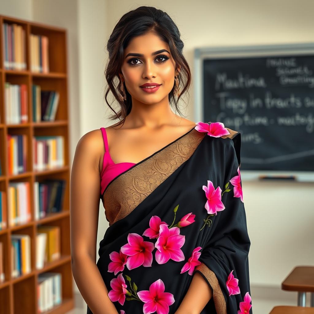 A stylish female teacher wearing a stunning black saree adorned with vibrant pink flowers