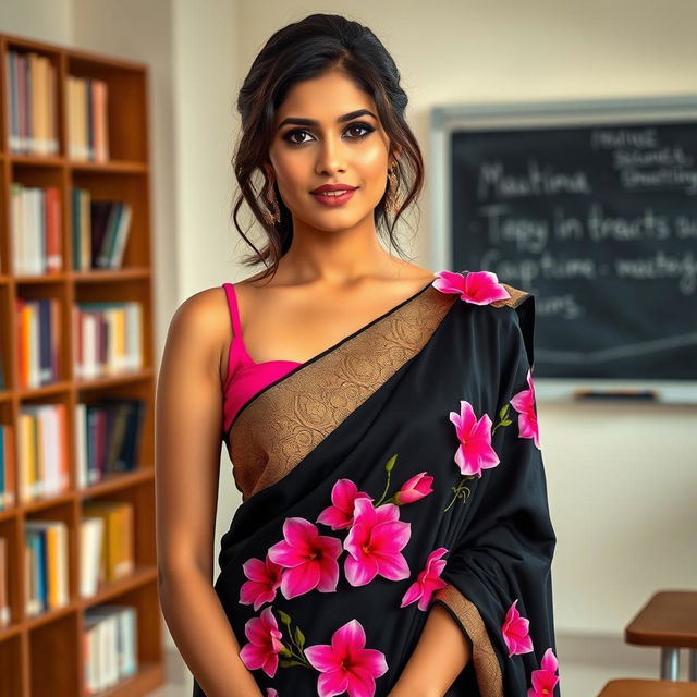 A stylish female teacher wearing a stunning black saree adorned with vibrant pink flowers