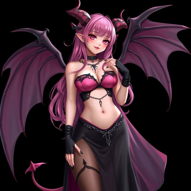 A realistic sexy gothic anime succubus girl with elegantly styled wings, playful horns, and a curled tail, showcasing a flustered subtle smile and a gentle blush on her cheeks