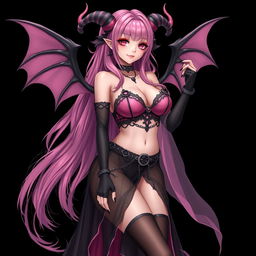 A realistic sexy gothic anime succubus girl with elegantly styled wings, playful horns, and a curled tail, showcasing a flustered subtle smile and a gentle blush on her cheeks