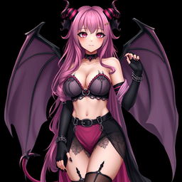 A realistic sexy gothic anime succubus girl with elegantly styled wings, playful horns, and a curled tail, showcasing a flustered subtle smile and a gentle blush on her cheeks