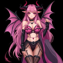 A realistic sexy gothic anime succubus girl with elegantly styled wings, playful horns, and a curled tail, showcasing a flustered subtle smile and a gentle blush on her cheeks